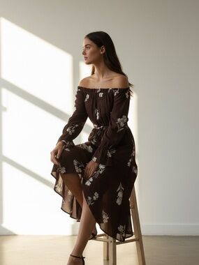Off-Shoulder Brown Floral Midi Dress with Tie Waist